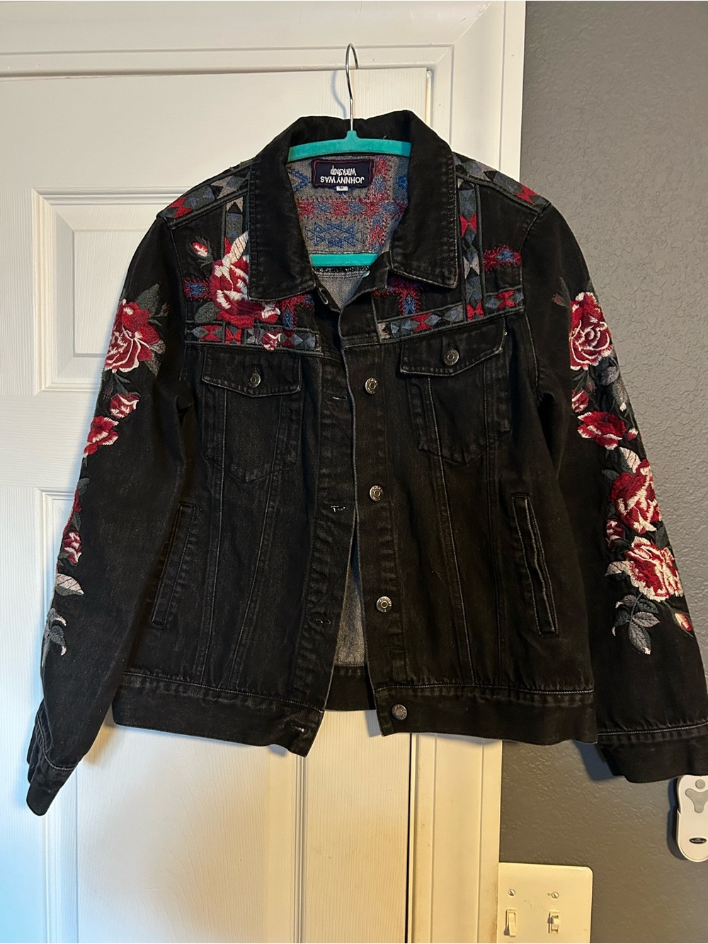 Johnny Was Black Denim Jacket with Red & Pink Floral Embroidery